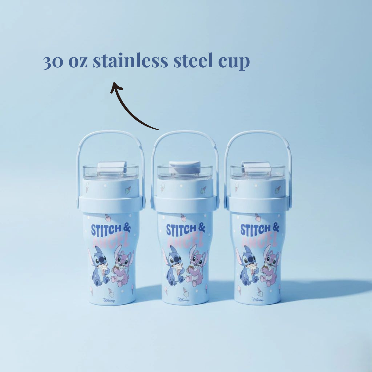 YUFUFUL Stitch & Angel Stainless Steel Insulated Tumbler | Leakproof Straw Cup with Handle | Hot & Cold Flask | 900ml - YUFUFUL