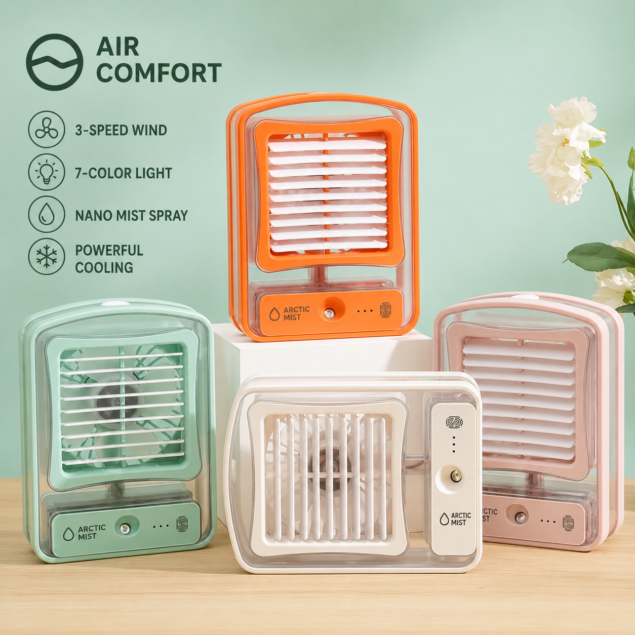Portable Mini Air Cooler Fan with Nano Mist Humidifier | 3-Speed Cooling | 7-Color LED Night Light | USB Type-C Rechargeable Personal Desk Cooler for Home, Office & Travel