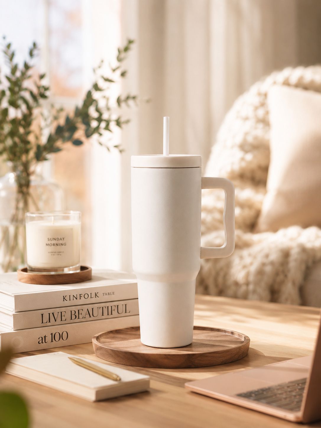 YUFUFUL SipAura™ Insulated Travel Tumbler with Handle & Straw | Ivory Mist | 1200ml