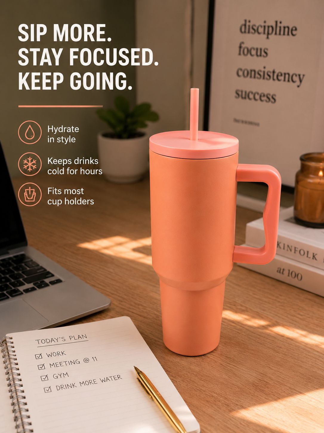 YUFUFUL SipAura™ Insulated Travel Tumbler with Handle & Straw | Peach Sorbet | 1200ml