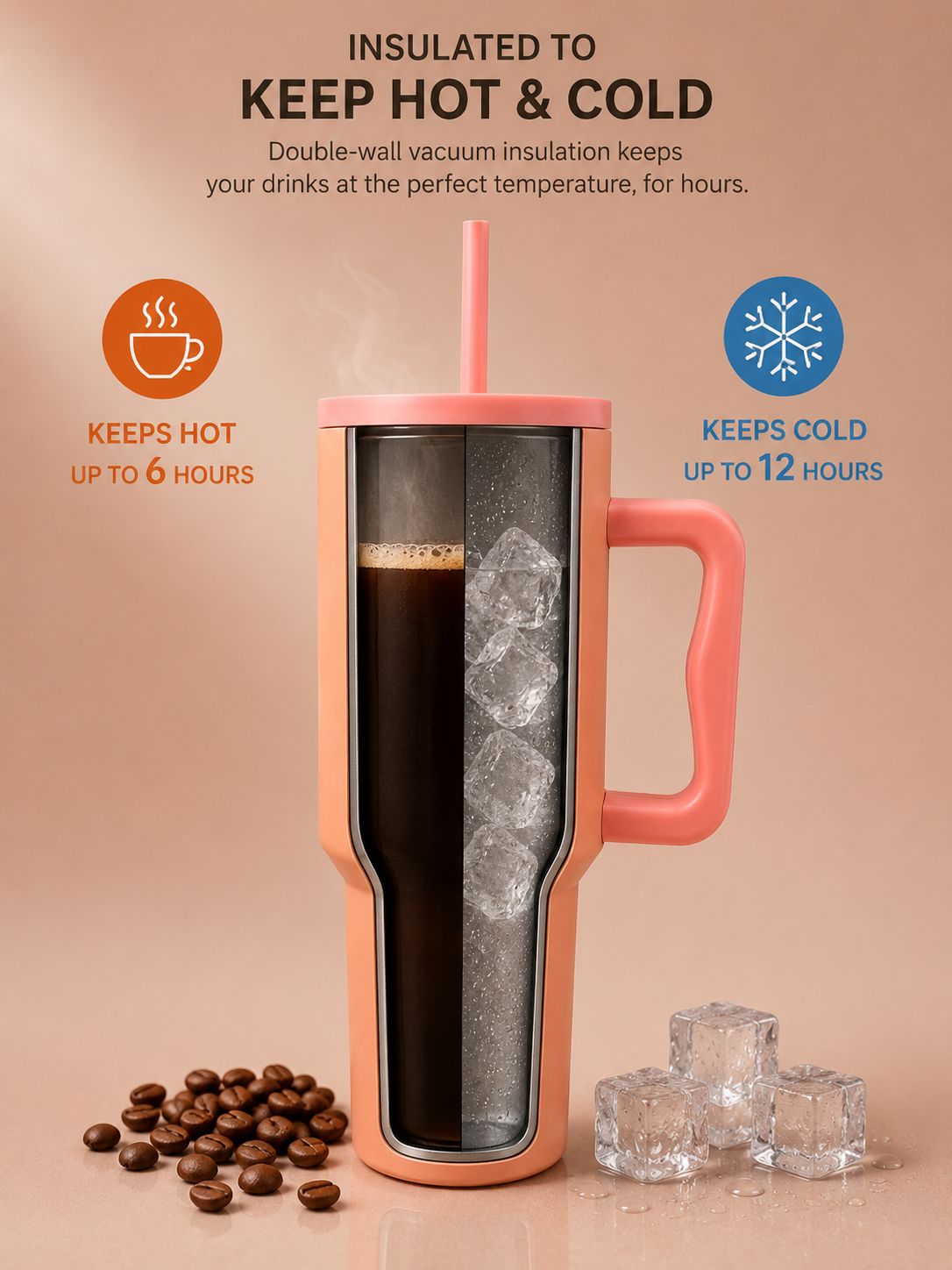 YUFUFUL SipAura™ Insulated Travel Tumbler with Handle & Straw | Peach Sorbet | 1200ml