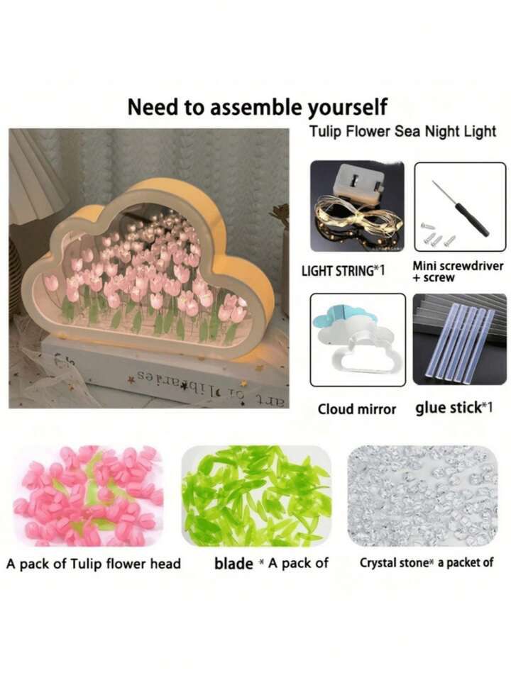 DIY Tulip Mirror Infinity Night Light Kit | Cloud-Shaped LED Tulip Flower Lamp | Handmade Decorative Mirror Lamp | Battery Powered Room Decor Gift - YUFUFUL