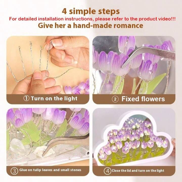 DIY Tulip Mirror Infinity Night Light Kit | Cloud-Shaped LED Tulip Flower Lamp | Handmade Decorative Mirror Lamp | Battery Powered Room Decor Gift - YUFUFUL