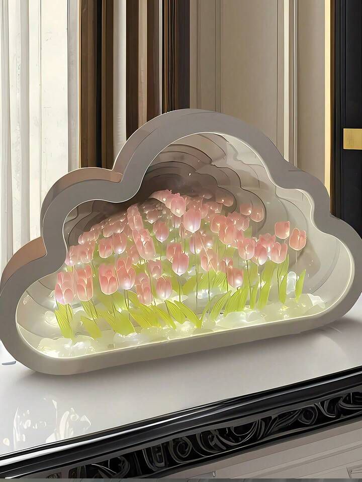 DIY Tulip Mirror Infinity Night Light Kit | Cloud-Shaped LED Tulip Flower Lamp | Handmade Decorative Mirror Lamp | Battery Powered Room Decor Gift - YUFUFUL