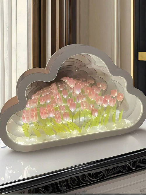 DIY Tulip Mirror Infinity Night Light Kit | Cloud-Shaped LED Tulip Flower Lamp | Handmade Decorative Mirror Lamp | Battery Powered Room Decor Gift - YUFUFUL