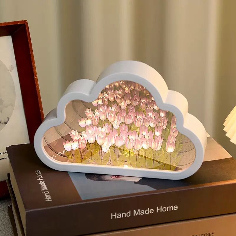 DIY Tulip Mirror Infinity Night Light Kit | Cloud-Shaped LED Tulip Flower Lamp | Handmade Decorative Mirror Lamp | Battery Powered Room Decor Gift - YUFUFUL