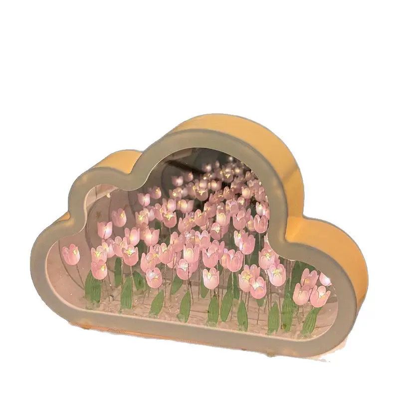 DIY Tulip Mirror Infinity Night Light Kit | Cloud-Shaped LED Tulip Flower Lamp | Handmade Decorative Mirror Lamp | Battery Powered Room Decor Gift - YUFUFUL