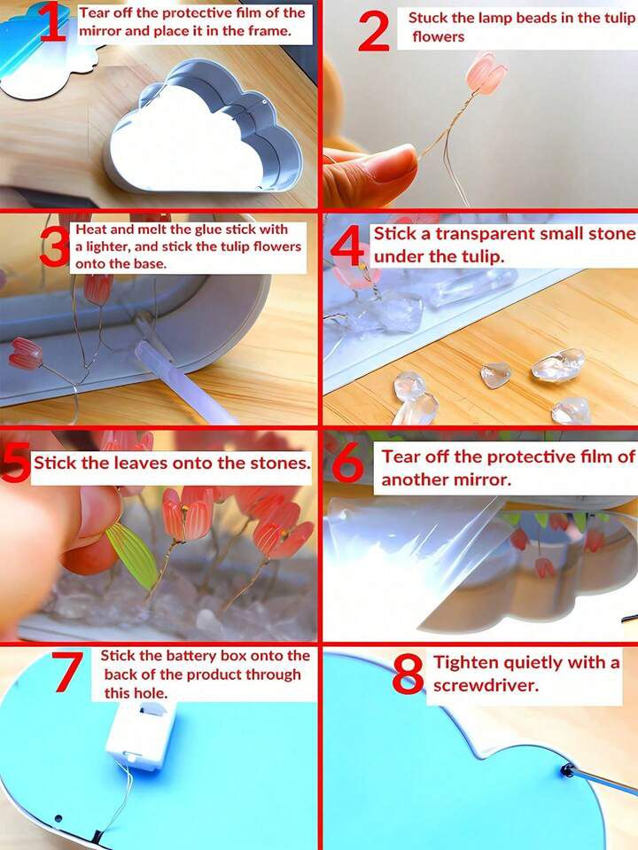 DIY Tulip Mirror Infinity Night Light Kit | Cloud-Shaped LED Tulip Flower Lamp | Handmade Decorative Mirror Lamp | Battery Powered Room Decor Gift - YUFUFUL