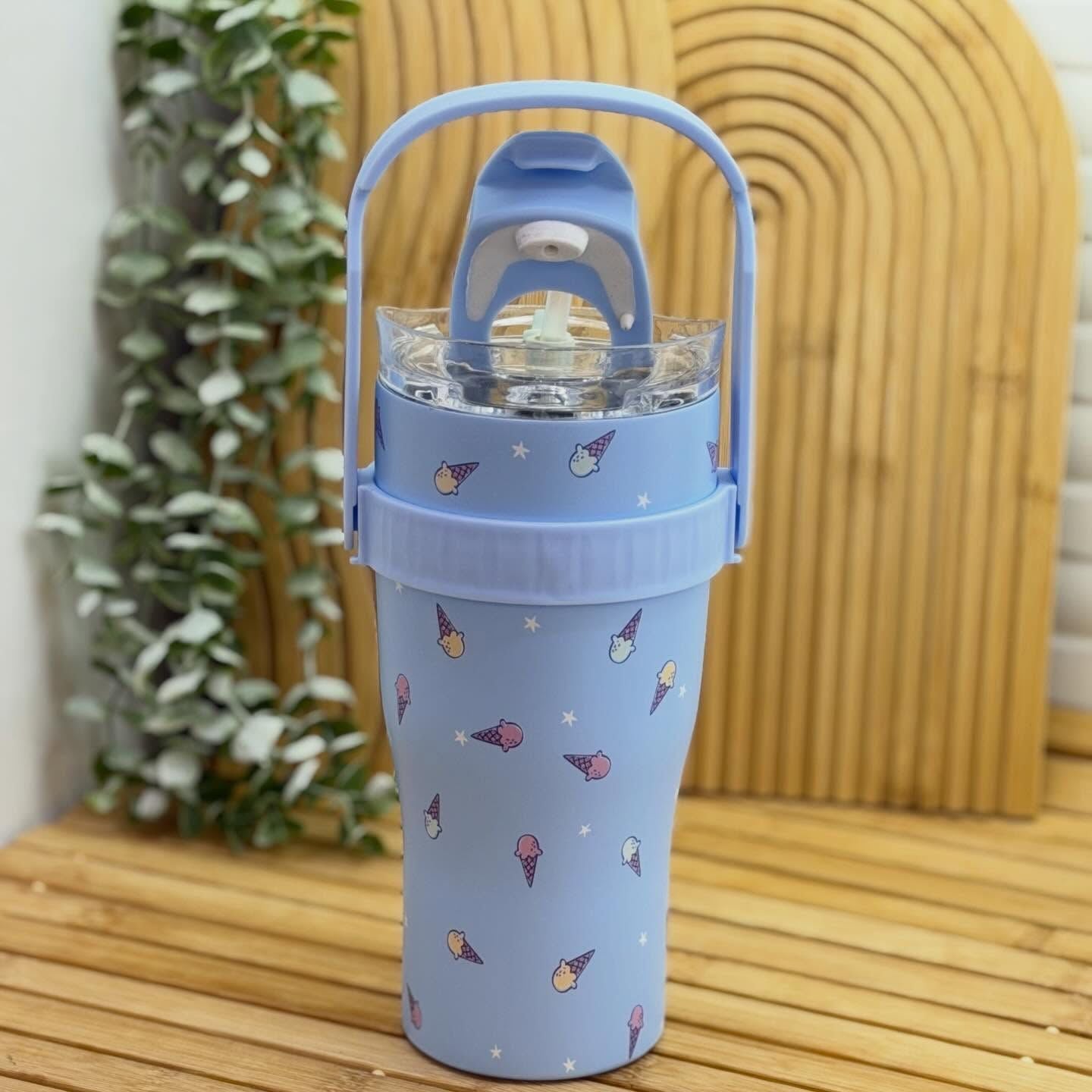 YUFUFUL Stitch & Angel Stainless Steel Insulated Tumbler | Leakproof Straw Cup with Handle | Hot & Cold Flask | 900ml - YUFUFUL