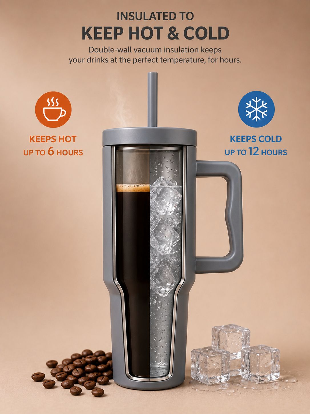 YUFUFUL SipAura™ Insulated Travel Tumbler with Handle & Straw | Storm Grey | 1200ml