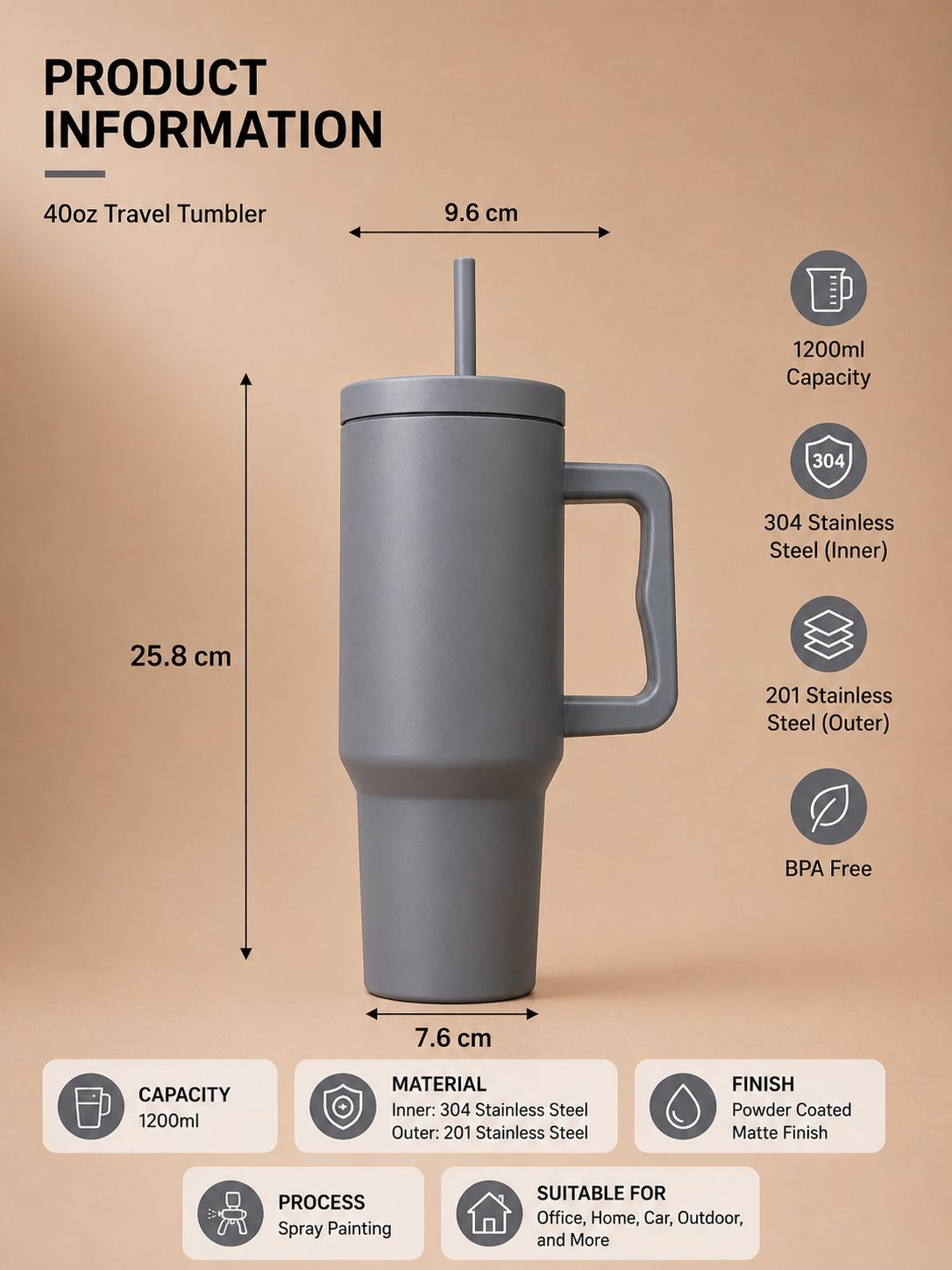 YUFUFUL SipAura™ Insulated Travel Tumbler with Handle & Straw | Storm Grey | 1200ml