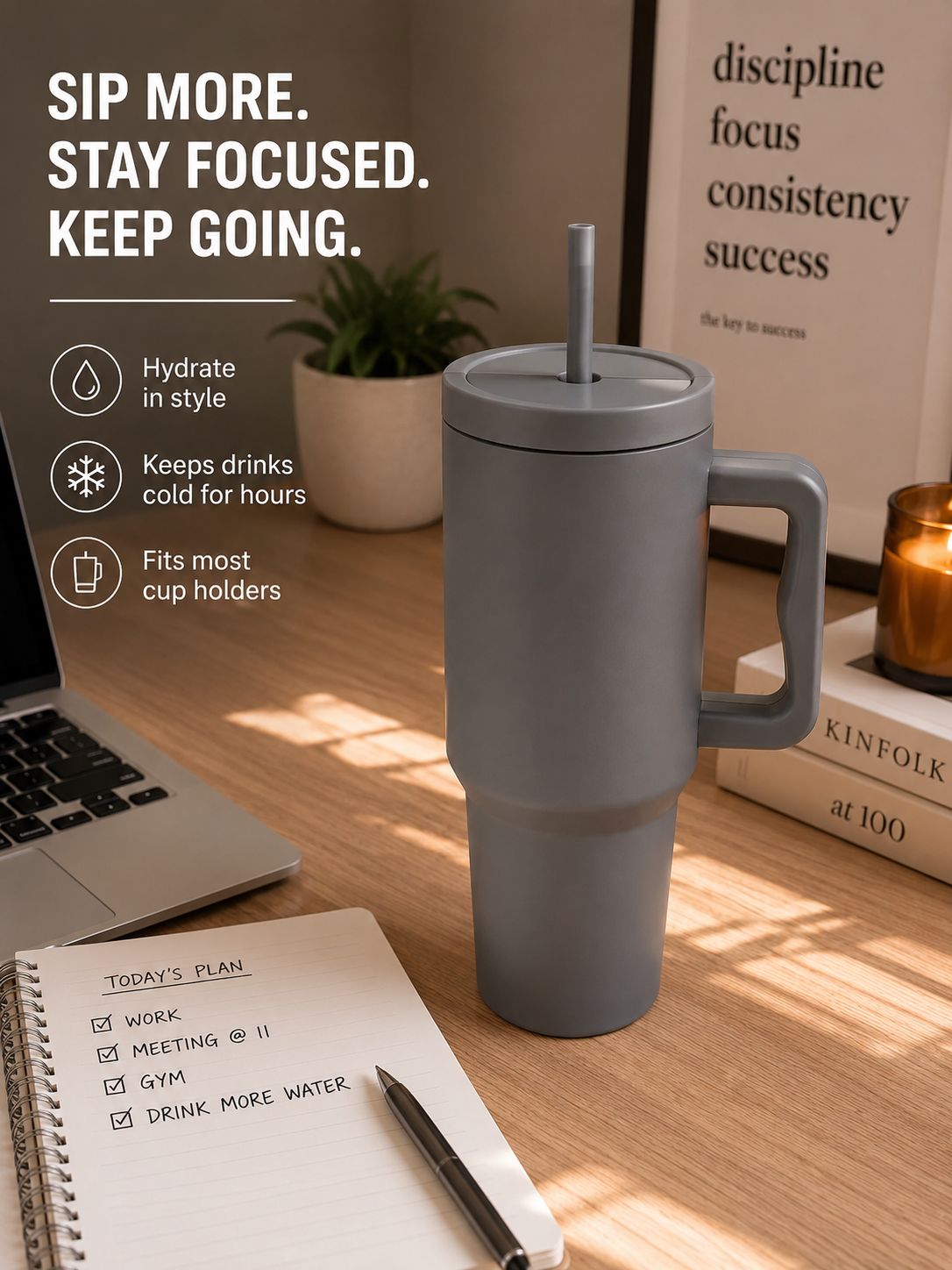 YUFUFUL SipAura™ Insulated Travel Tumbler with Handle & Straw | Storm Grey | 1200ml