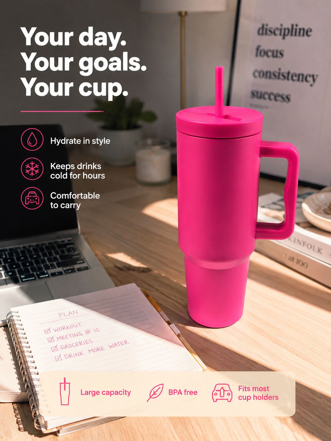 YUFUFUL SipAura™ Insulated Travel Tumbler with Handle & Straw | Flamingo Pink | 1200ml