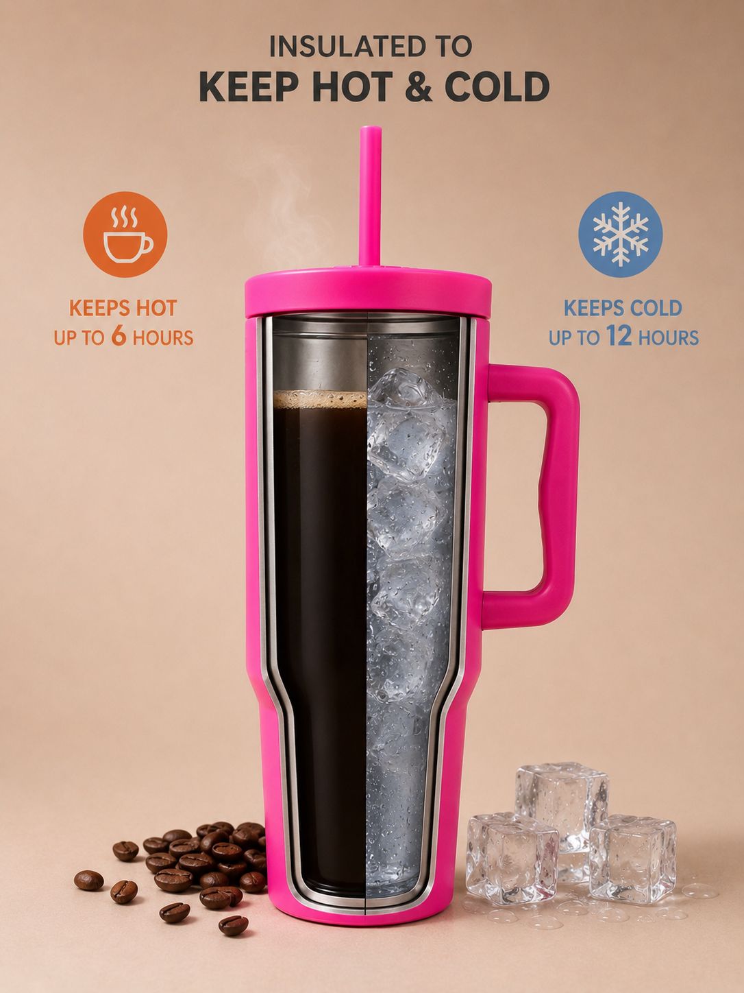 YUFUFUL SipAura™ Insulated Travel Tumbler with Handle & Straw | Flamingo Pink | 1200ml