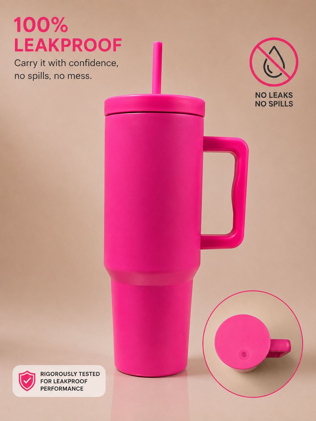 YUFUFUL SipAura™ Insulated Travel Tumbler with Handle & Straw | Flamingo Pink | 1200ml