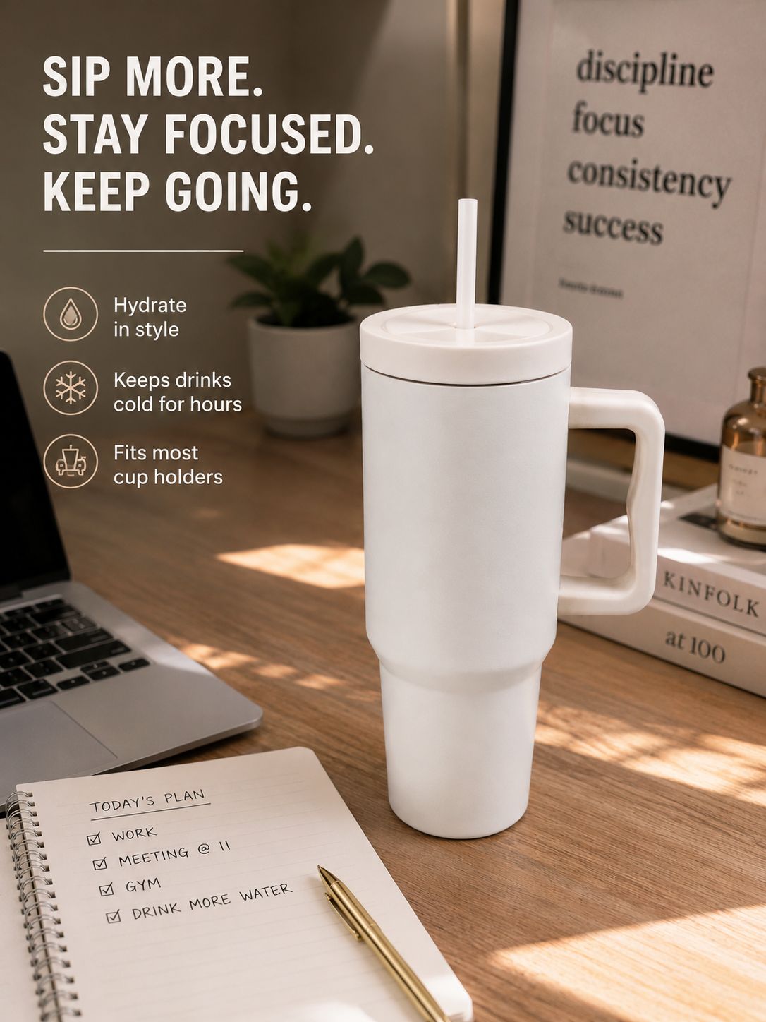 YUFUFUL SipAura™ Insulated Travel Tumbler with Handle & Straw | Ivory Mist | 1200ml