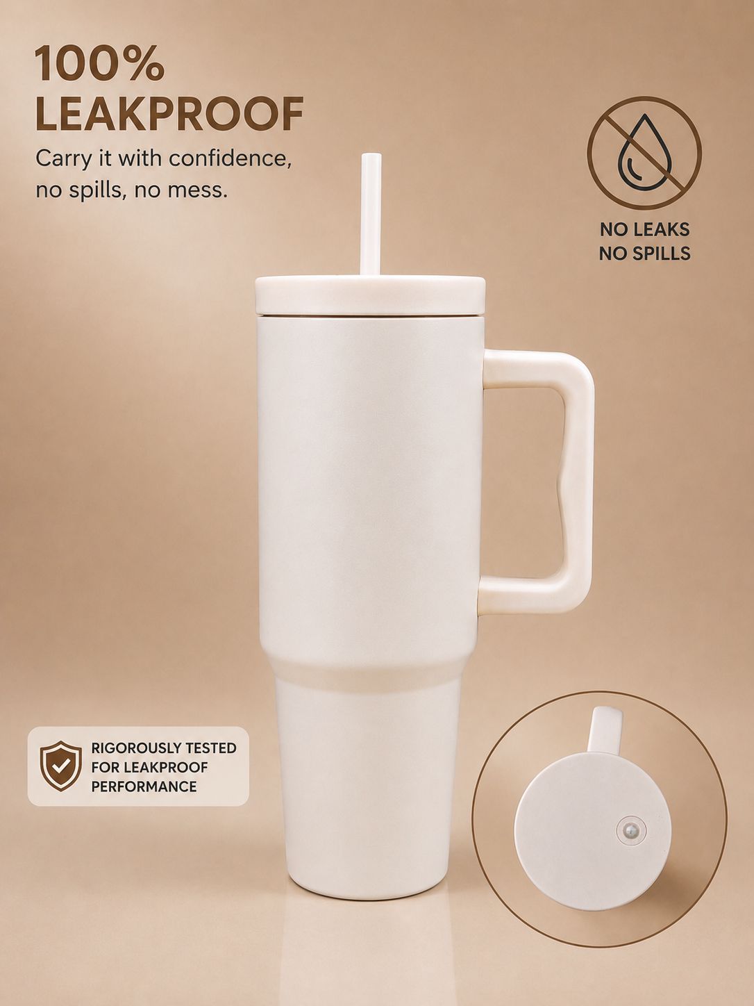 YUFUFUL SipAura™ Insulated Travel Tumbler with Handle & Straw | Ivory Mist | 1200ml
