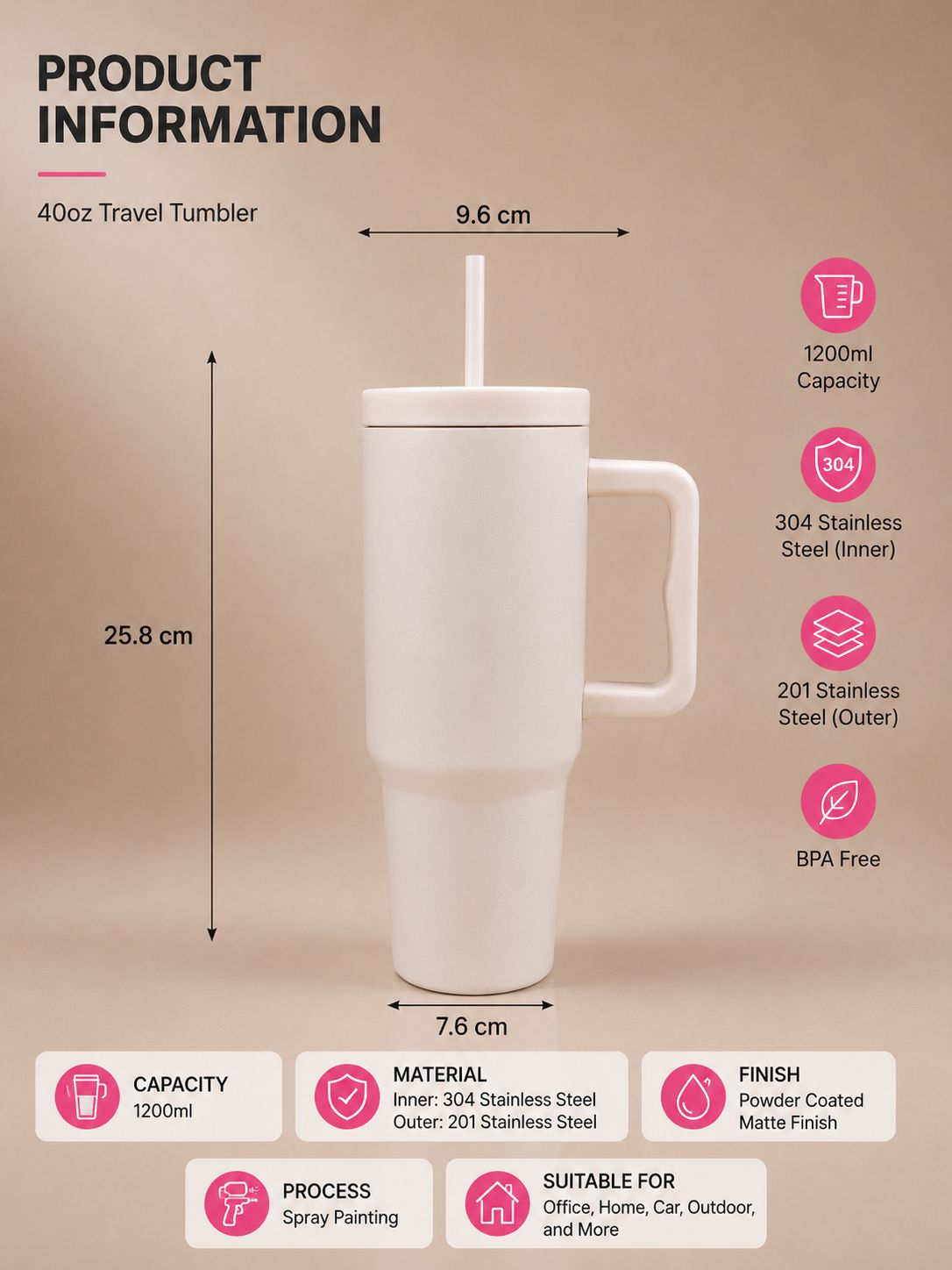 YUFUFUL SipAura™ Insulated Travel Tumbler with Handle & Straw | Ivory Mist | 1200ml