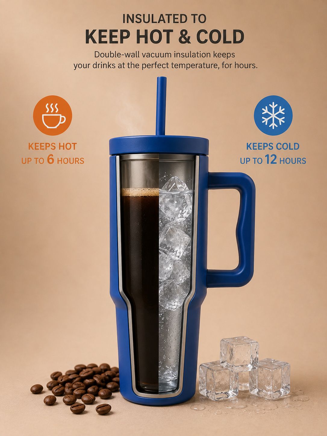 YUFUFUL SipAura™ Insulated Travel Tumbler with Handle & Straw | Arctic Blue | 1200ml