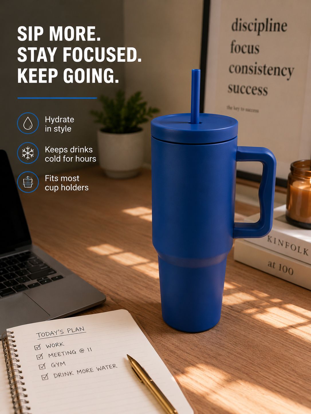 YUFUFUL SipAura™ Insulated Travel Tumbler with Handle & Straw | Arctic Blue | 1200ml