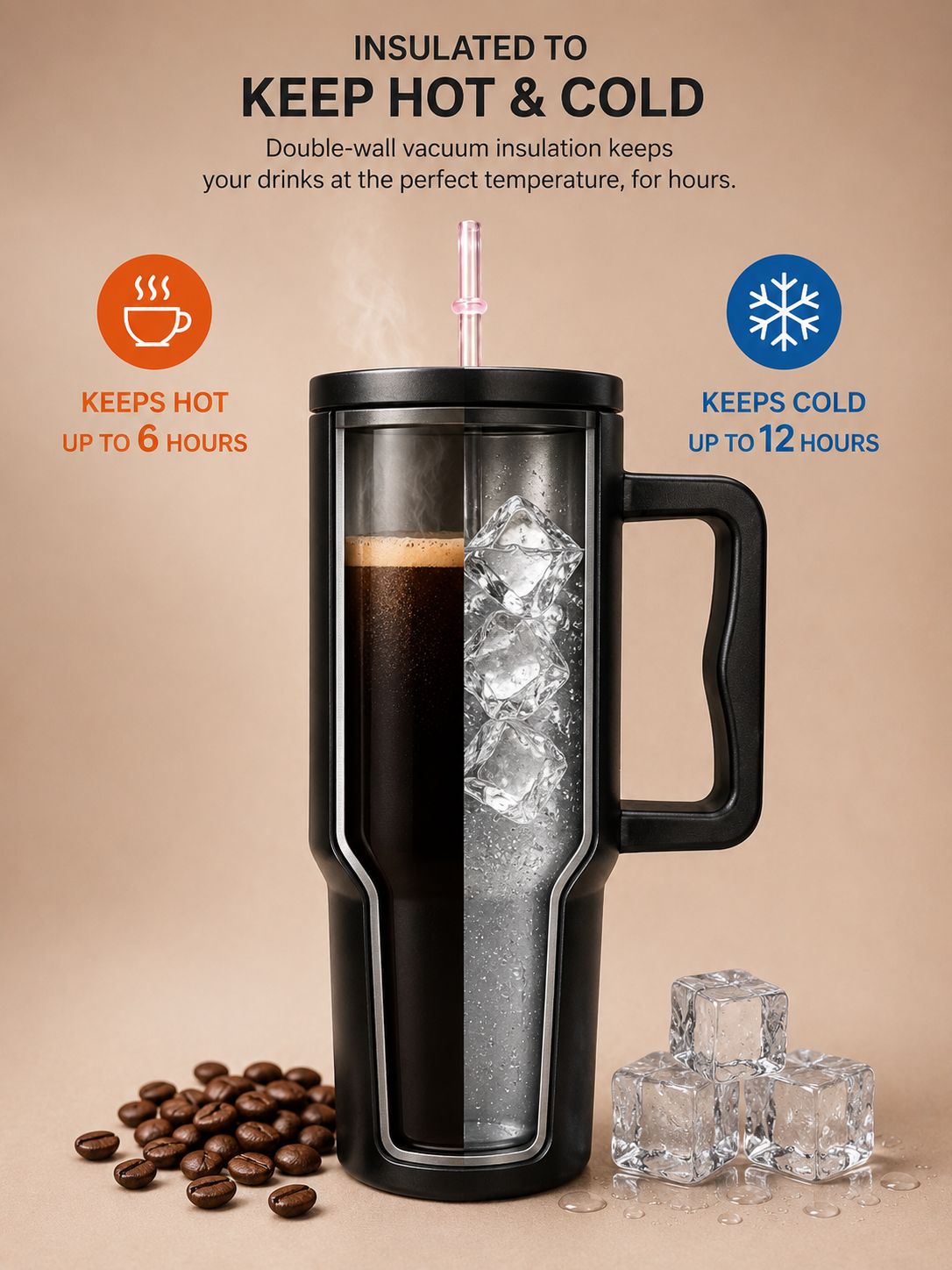 YUFUFUL SipAura™ Insulated Travel Tumbler with Handle & Straw | Midnight Black | 1200ml