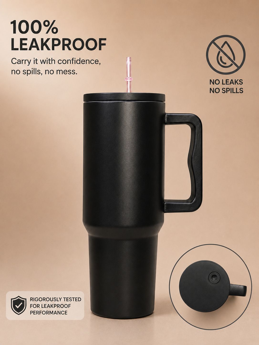 YUFUFUL SipAura™ Insulated Travel Tumbler with Handle & Straw | Midnight Black | 1200ml