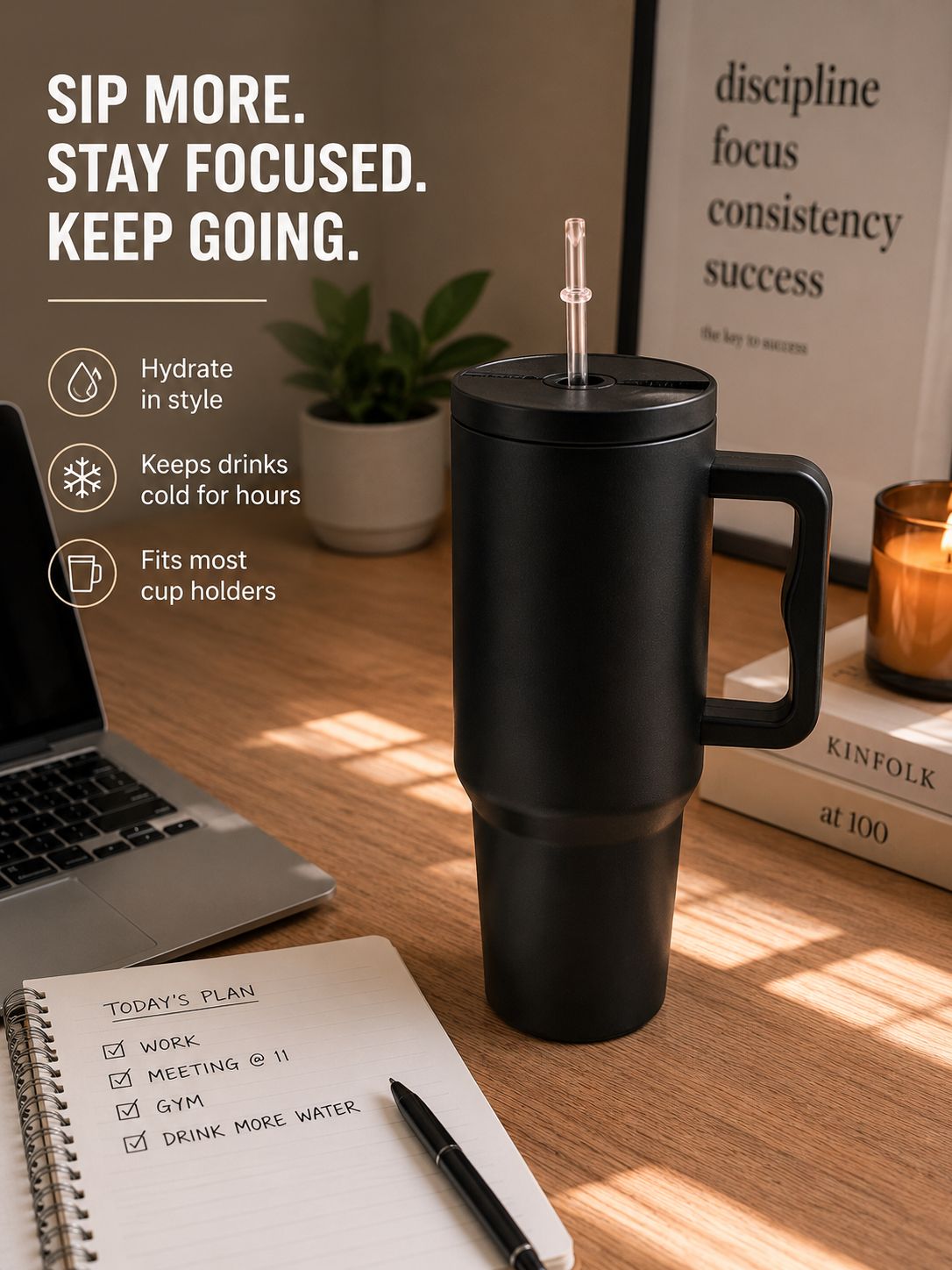 YUFUFUL SipAura™ Insulated Travel Tumbler with Handle & Straw | Midnight Black | 1200ml