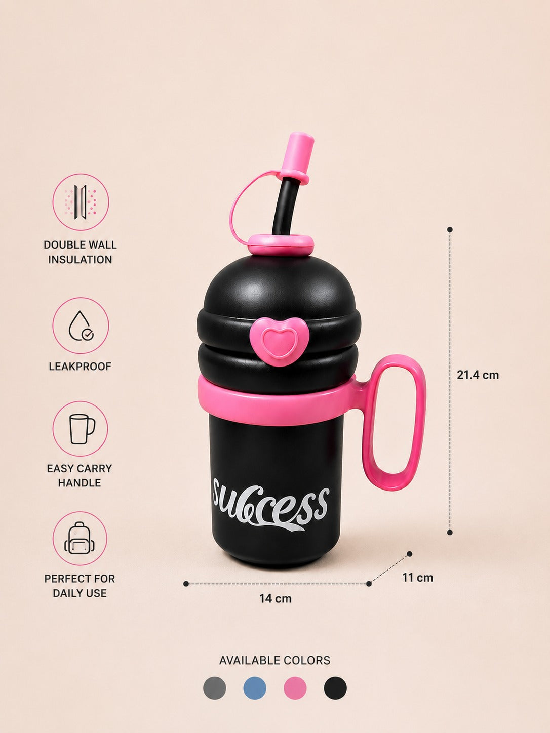 YUFUFUL SweetSip™ Insulated Kids Bottle with Straw & Handle | Black Rose | 700ml