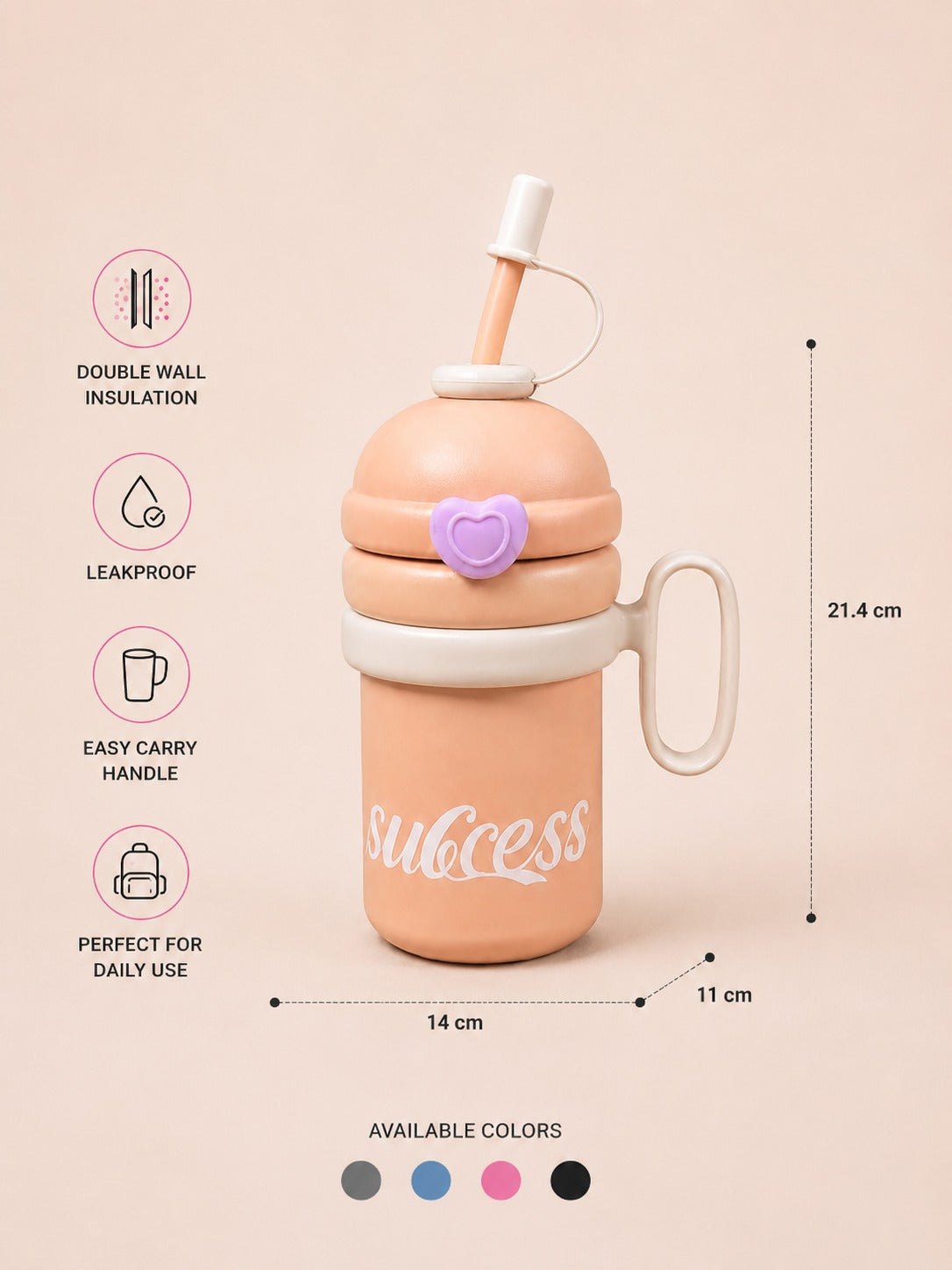 YUFUFUL SweetSip™ Insulated Kids Bottle with Straw & Handle | Peach Macaron | 700ml