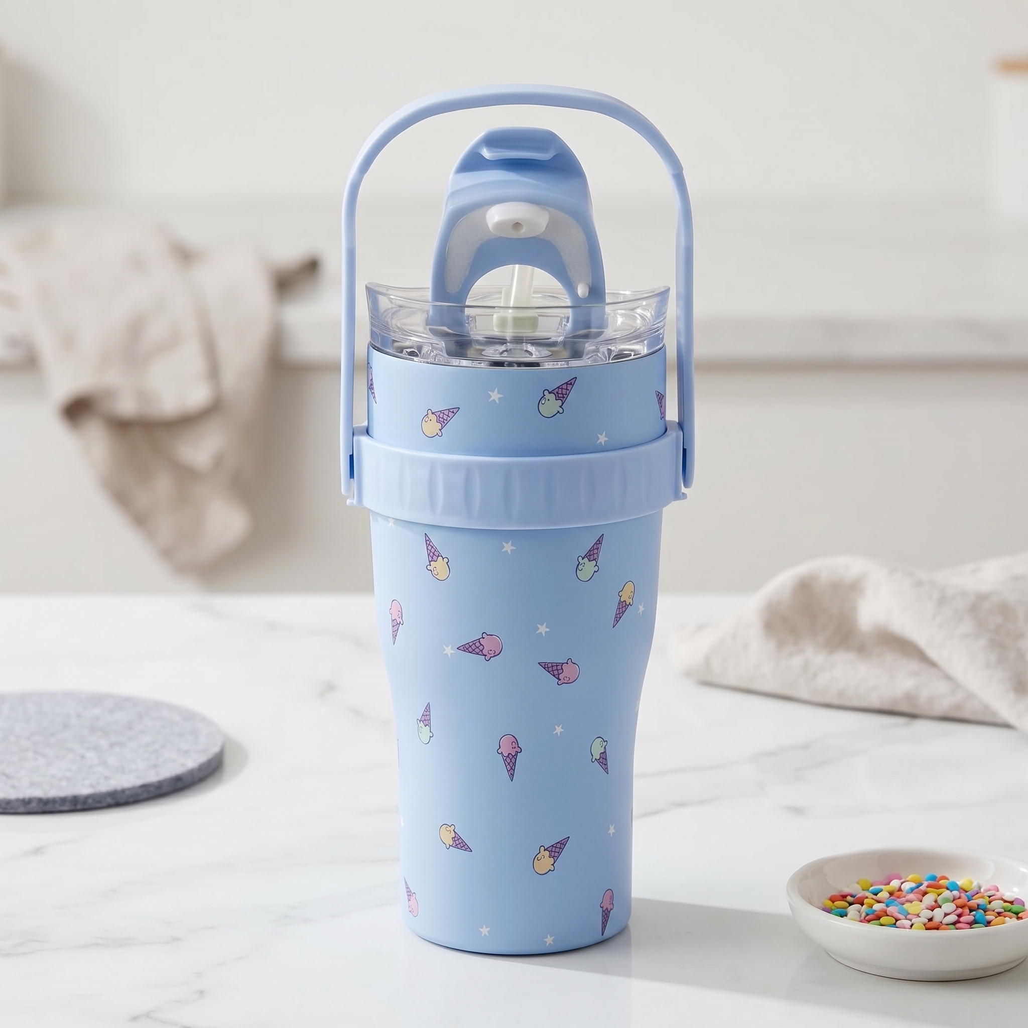 YUFUFUL Stitch & Angel Stainless Steel Insulated Tumbler | Leakproof Straw Cup with Handle | Hot & Cold Flask | 900ml - YUFUFUL