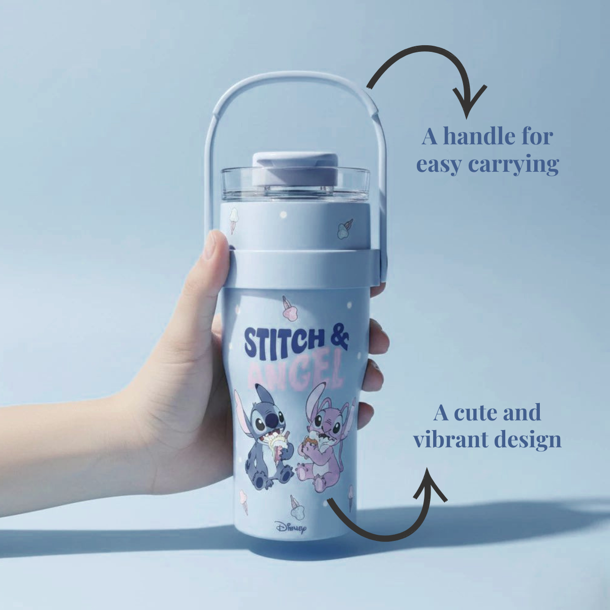 YUFUFUL Stitch & Angel Stainless Steel Insulated Tumbler | Leakproof Straw Cup with Handle | Hot & Cold Flask | 900ml - YUFUFUL