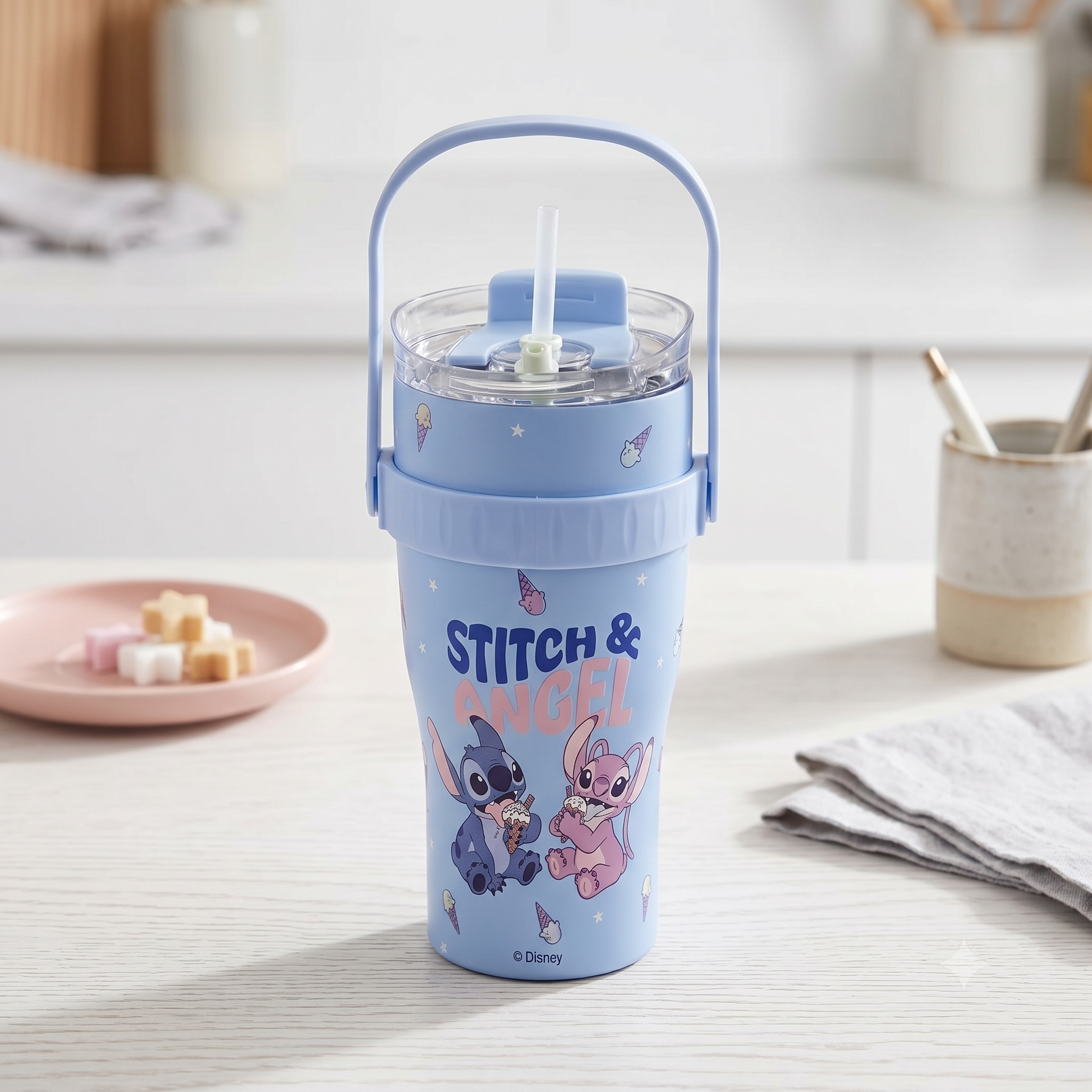 YUFUFUL Stitch & Angel Stainless Steel Insulated Tumbler | Leakproof Straw Cup with Handle | Hot & Cold Flask | 900ml - YUFUFUL