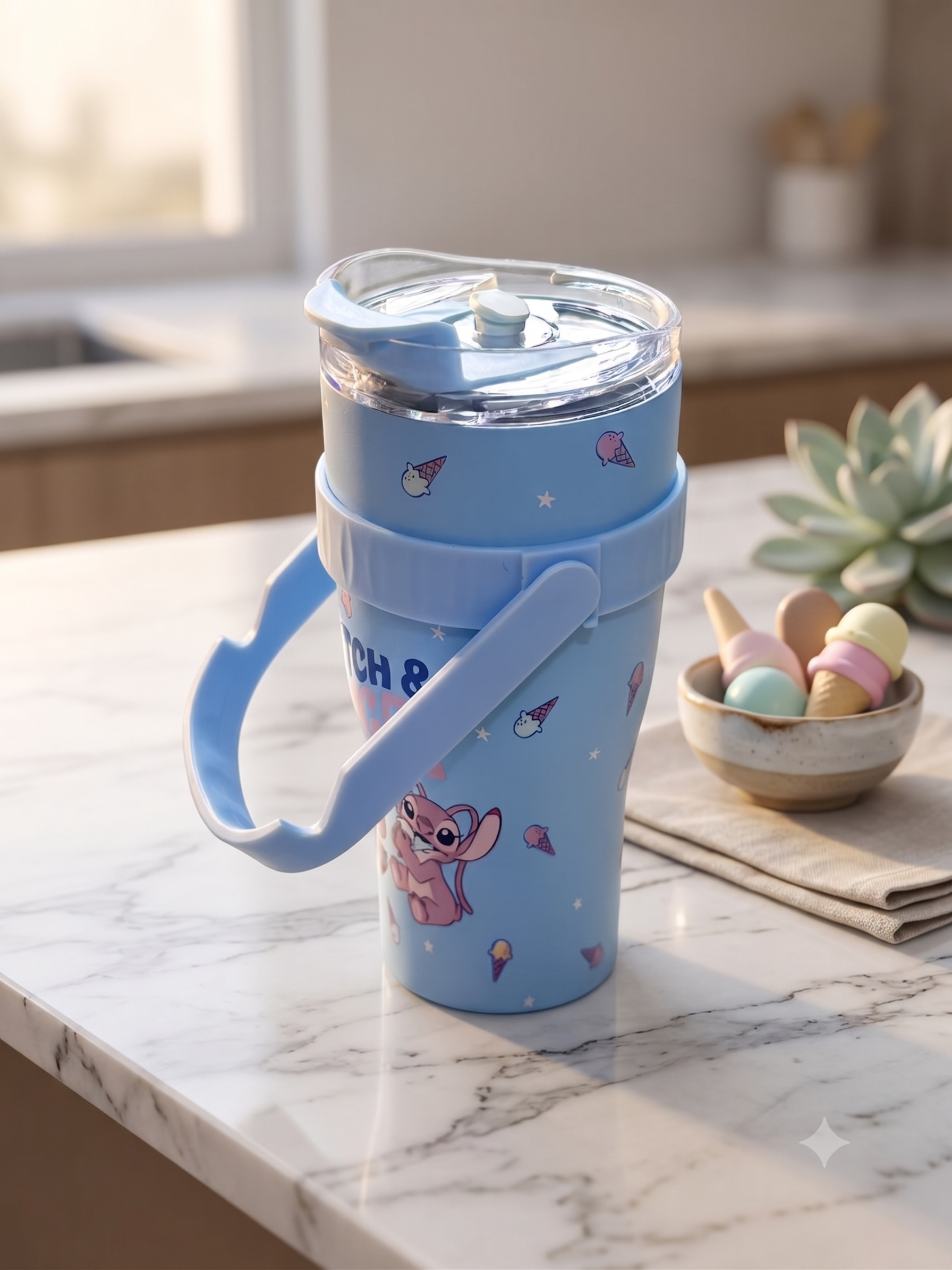 YUFUFUL Stitch & Angel Stainless Steel Insulated Tumbler | Leakproof Straw Cup with Handle | Hot & Cold Flask | 900ml - YUFUFUL