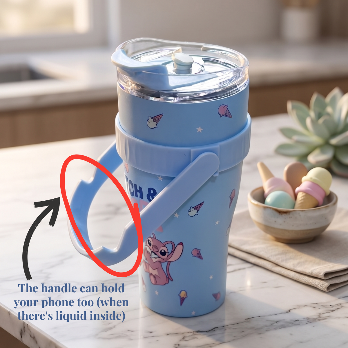 YUFUFUL Stitch & Angel Stainless Steel Insulated Tumbler | Leakproof Straw Cup with Handle | Hot & Cold Flask | 900ml - YUFUFUL